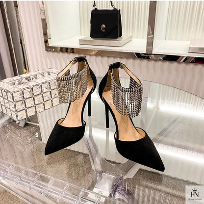 Diamond Tassel Ankle Strap Pointed Heels - Fashionnsio