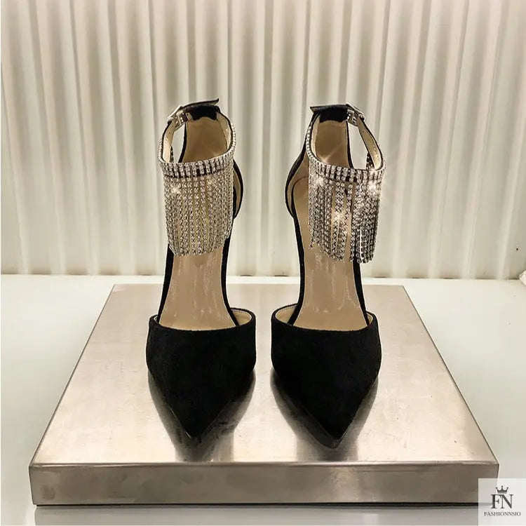 Diamond Tassel Ankle Strap Pointed Heels - Fashionnsio
