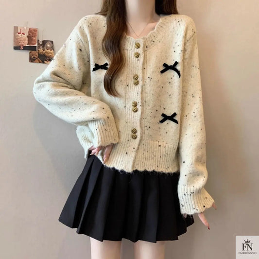 Dotted Button Bow Cardigan Top - Fashionnsio