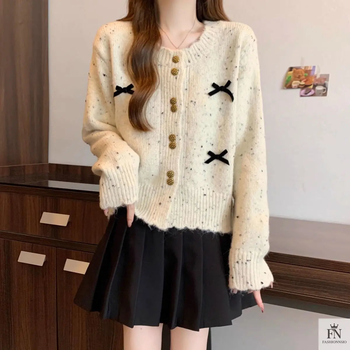 Dotted Button Bow Cardigan Top - Fashionnsio