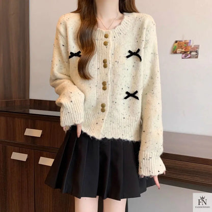 Dotted Button Bow Cardigan Top - Fashionnsio