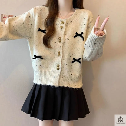 Dotted Button Bow Cardigan Top - Fashionnsio