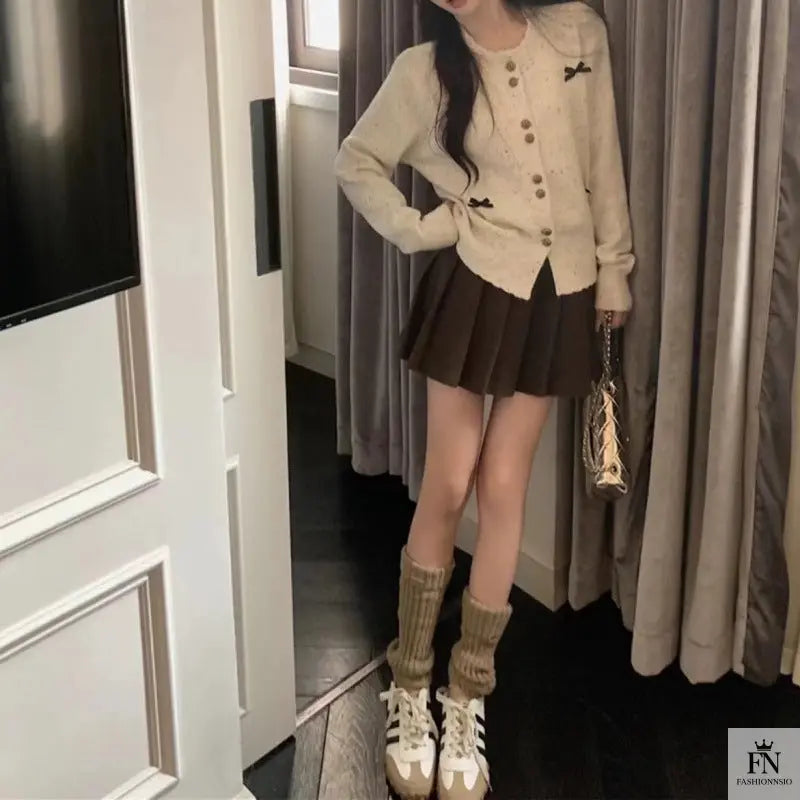 Dotted Button Bow Cardigan Top - Fashionnsio