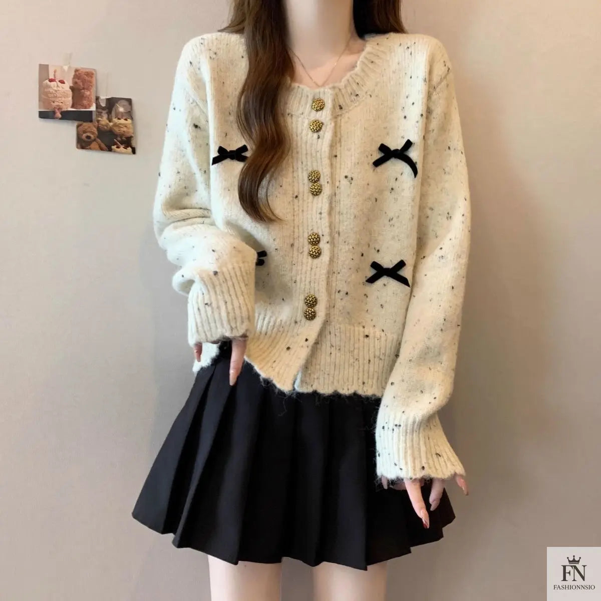 Dotted Button Bow Cardigan Top - Fashionnsio