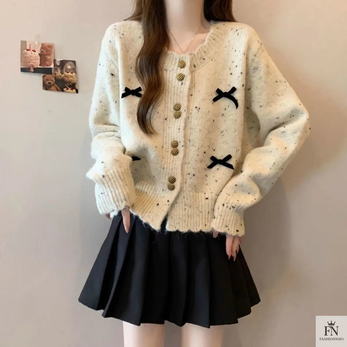 Dotted Button Bow Cardigan Top - Fashionnsio