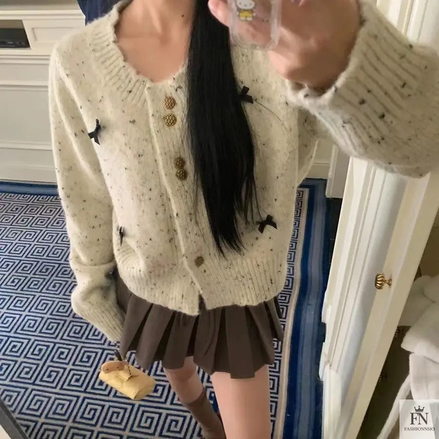 Dotted Button Bow Cardigan Top - Fashionnsio