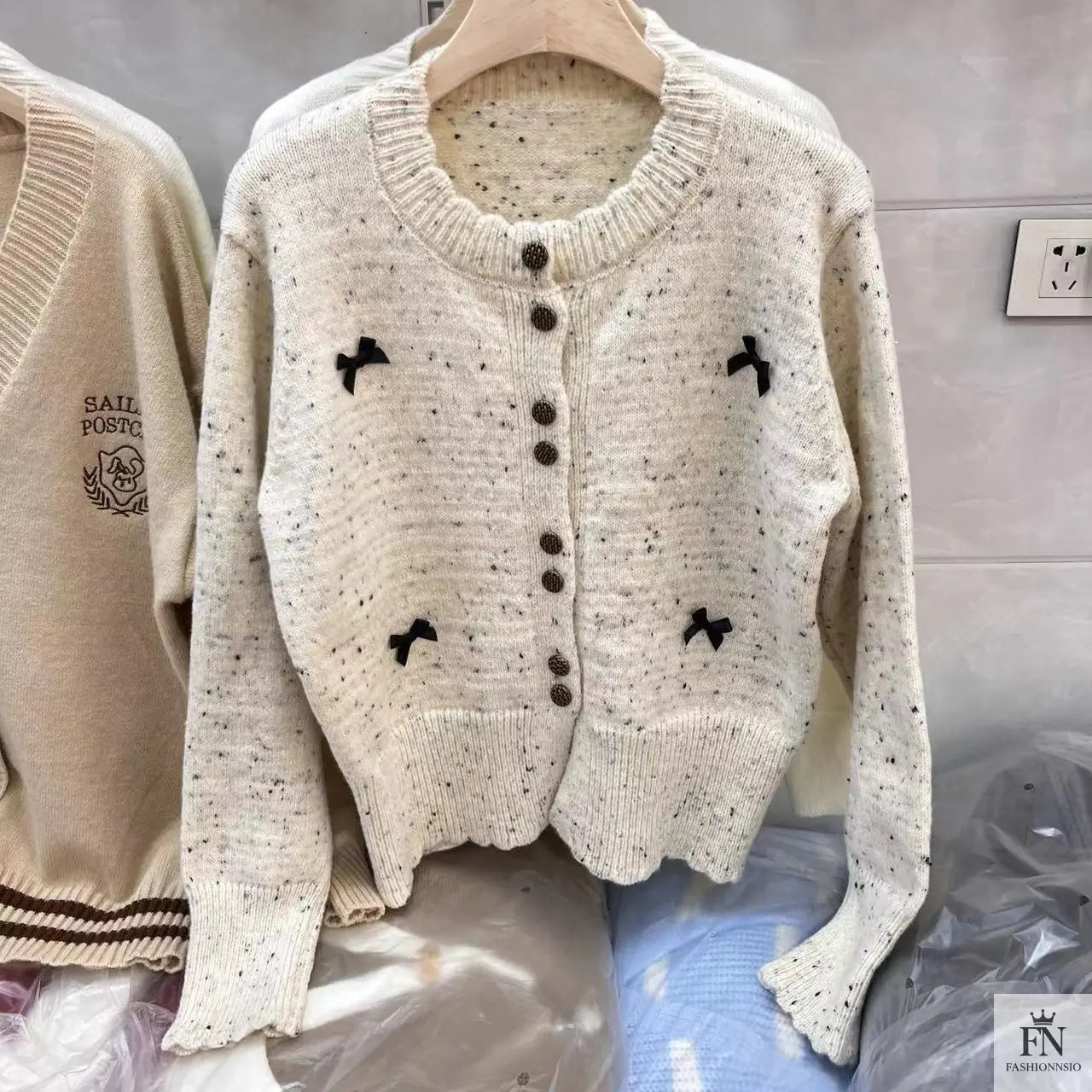 Dotted Button Bow Cardigan Top - Fashionnsio