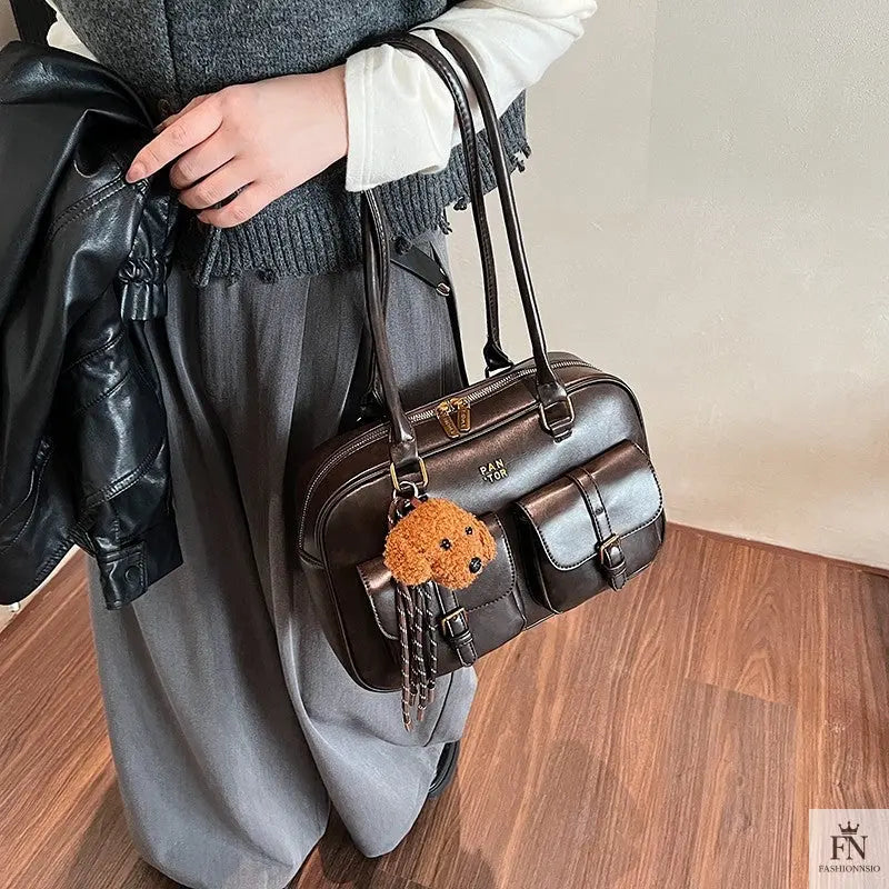 Double Pocket Glossy Pillow Shoulder Bags - Fashionnsio