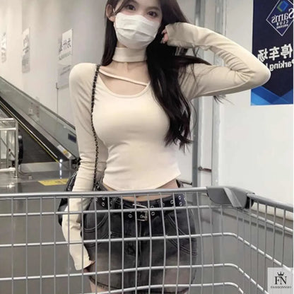Turtle Neck Cut Out Crop Top - Fashionnsio