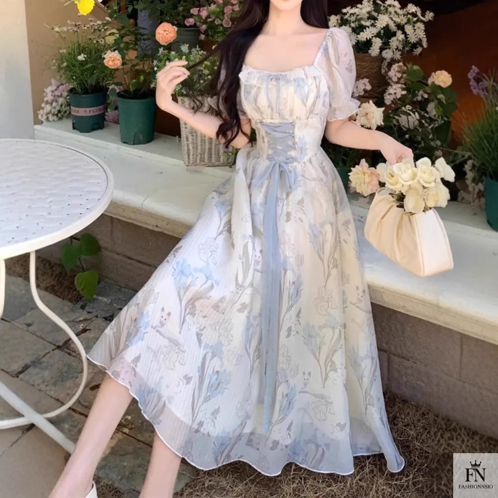 Floral Lace-Up Frock Dress - Fashionnsio