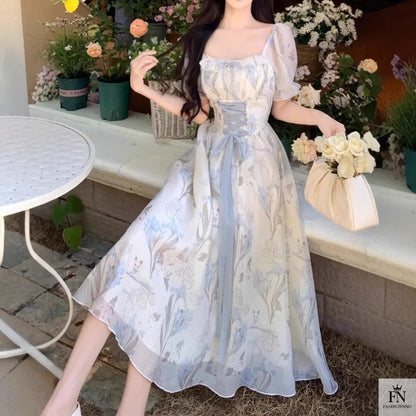 Floral Lace-Up Frock Dress - Fashionnsio