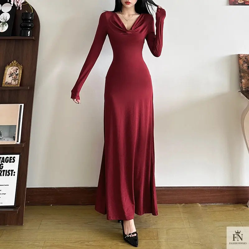 Long Sleeve Slim-fit Gown Dress - Fashionnsio