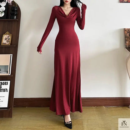 Long Sleeve Slim-fit Gown Dress - Fashionnsio
