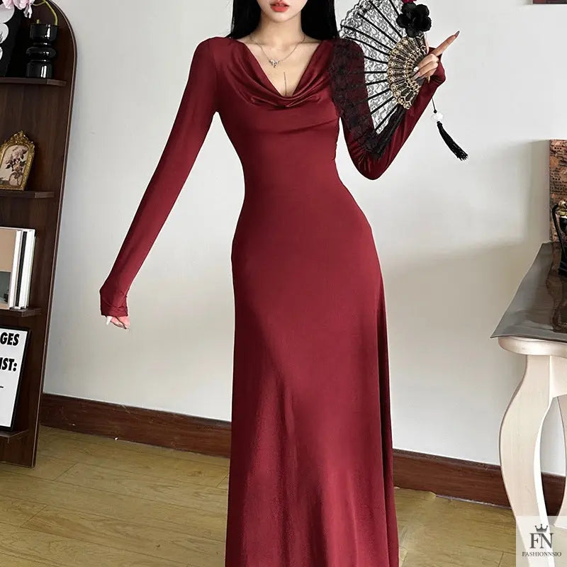 Long Sleeve Slim-fit Gown Dress - Fashionnsio