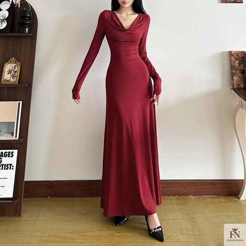 Long Sleeve Slim-fit Gown Dress - Fashionnsio