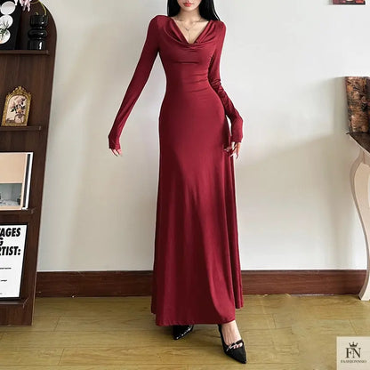 Long Sleeve Slim-fit Gown Dress - Fashionnsio