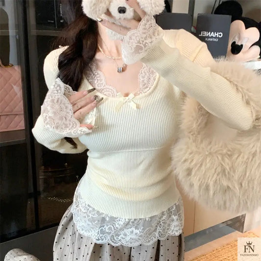 Lace Patchwork Ribbed Korean Top - Fashionnsio