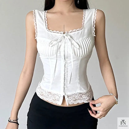 Lace Trimmed Fitting Bow Top - Fashionnsio