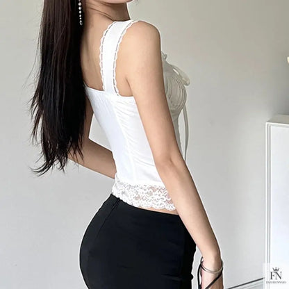 Lace Trimmed Fitting Bow Top - Fashionnsio