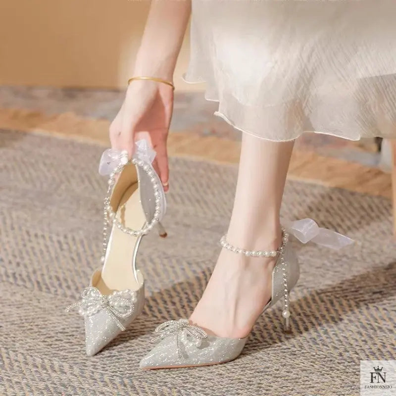 Fairy Bow Pearl Sequin Heels - Fashionnsio