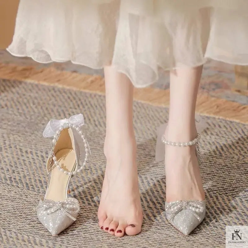 Fairy Bow Pearl Sequin Heels - Fashionnsio