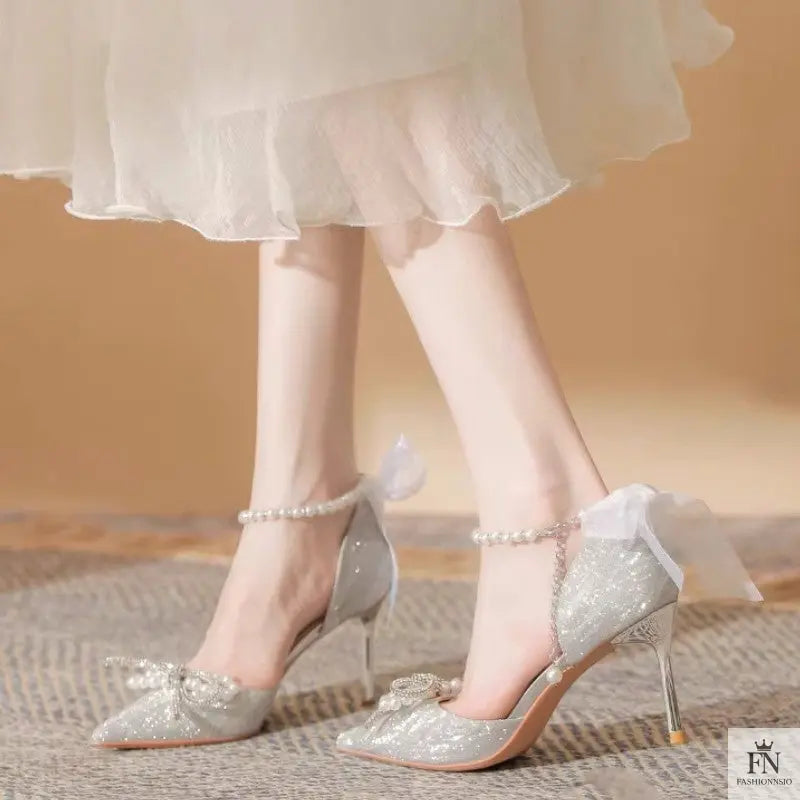 Fairy Bow Pearl Sequin Heels - Fashionnsio