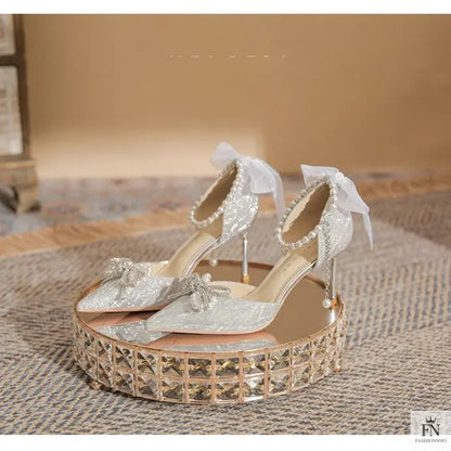 Fairy Bow Pearl Sequin Heels - Fashionnsio