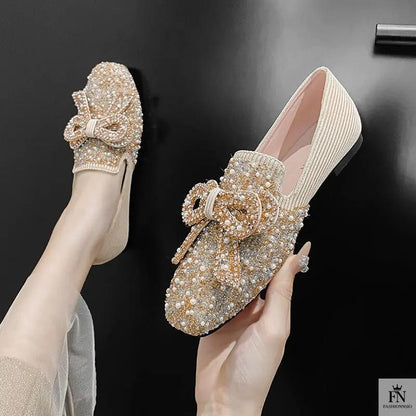 Pearl Embroidered Bow Flats - Fashionnsio