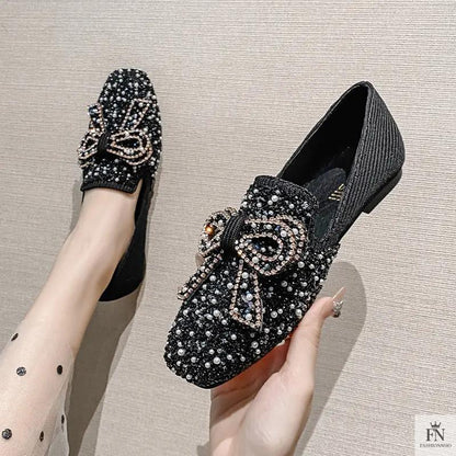 Pearl Embroidered Bow Flats - Fashionnsio