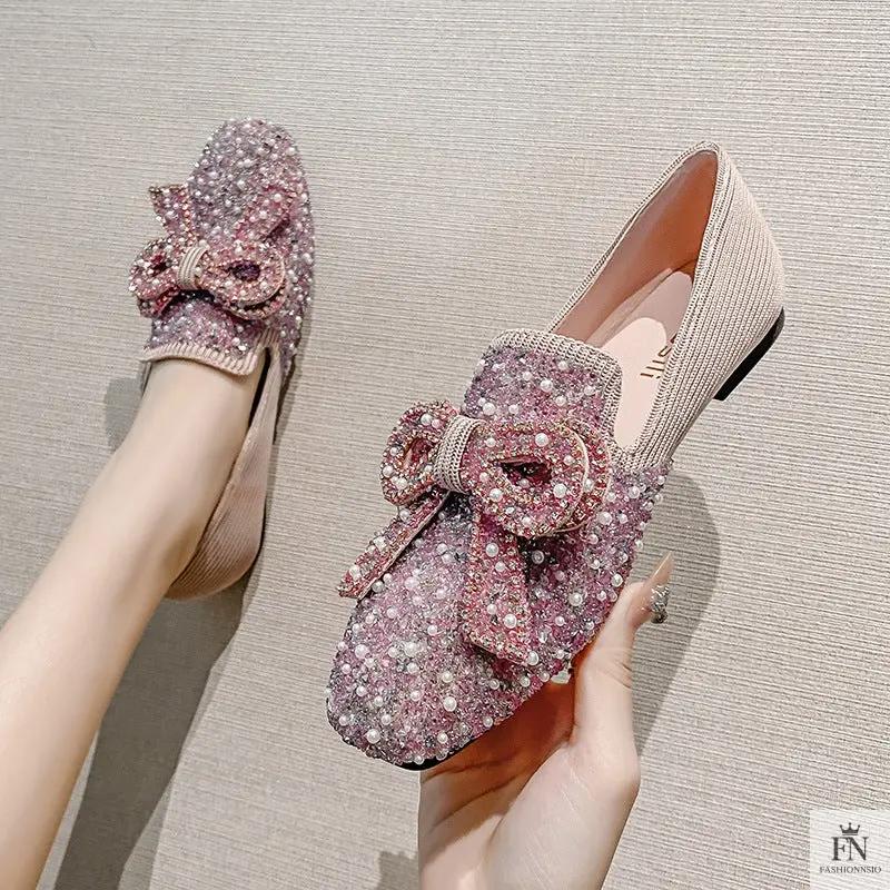 Pearl Embroidered Bow Flats - Fashionnsio