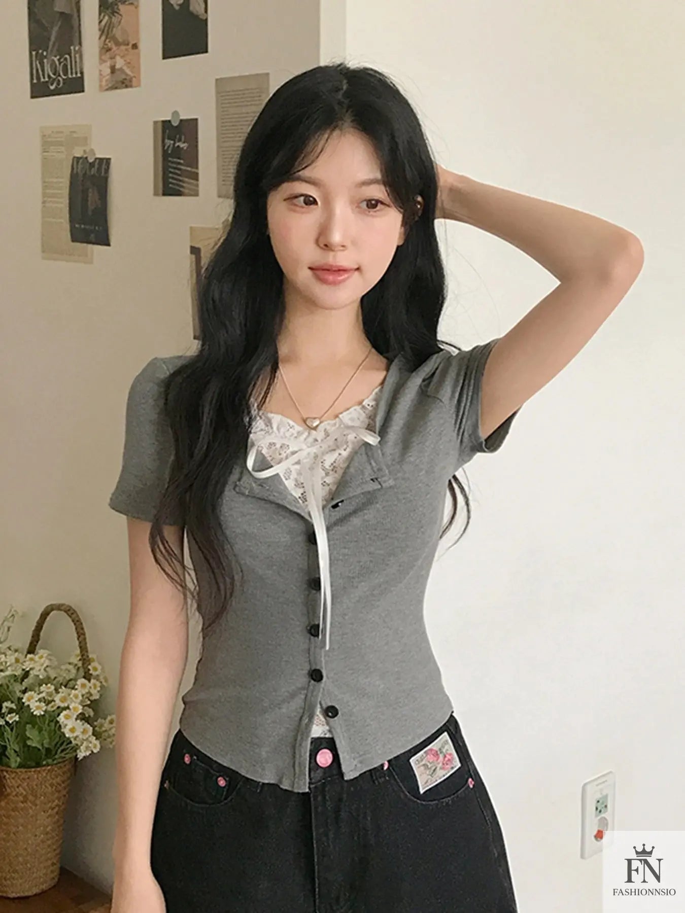 Fake 2 Piece Lace Bow Top - Fashionnsio