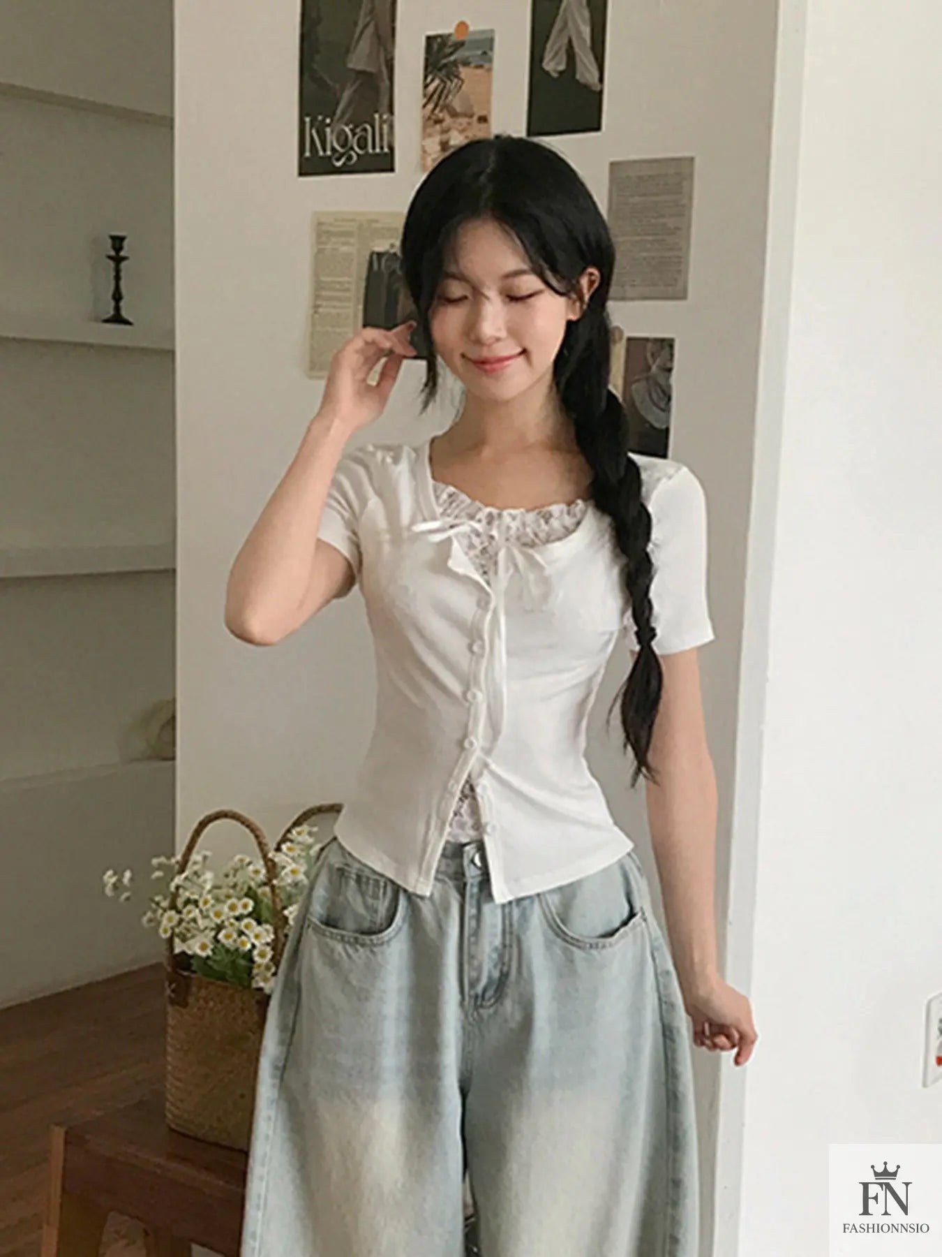 Fake 2 Piece Lace Bow Top - Fashionnsio