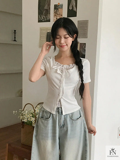 Fake 2 Piece Lace Bow Top - Fashionnsio