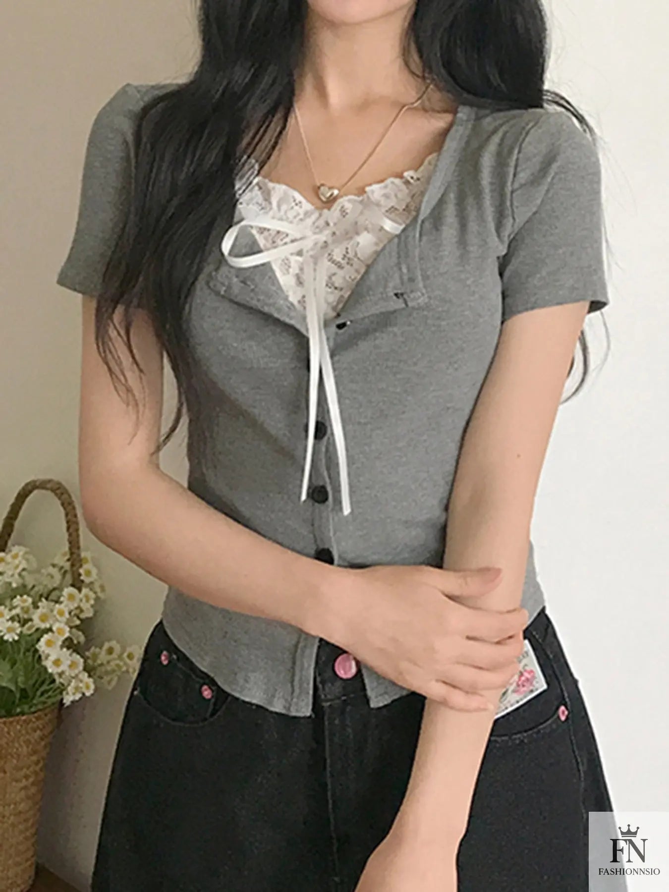 Fake 2 Piece Lace Bow Top - Fashionnsio