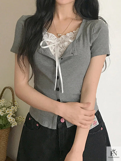Fake 2 Piece Lace Bow Top - Fashionnsio