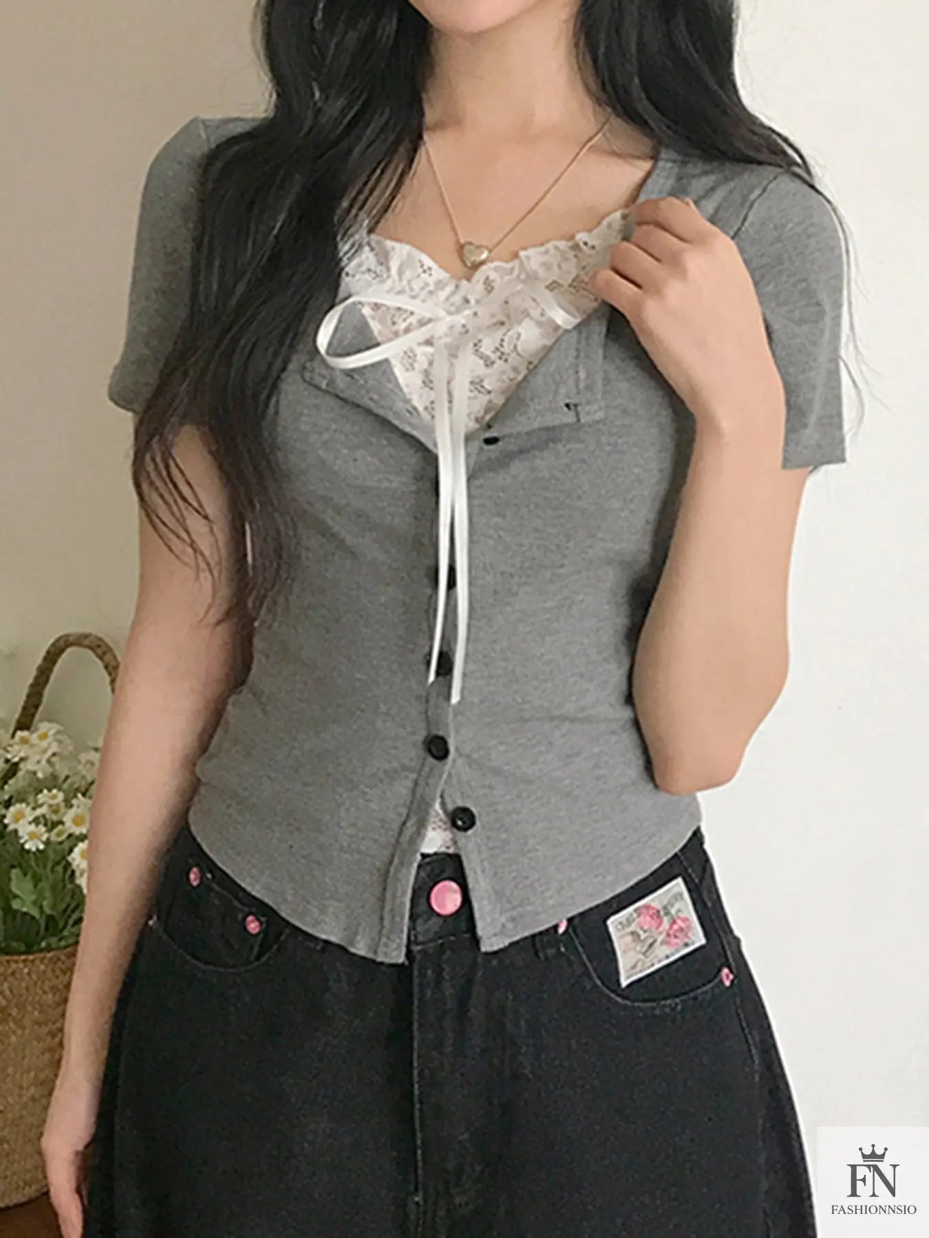 Fake 2 Piece Lace Bow Top - Fashionnsio