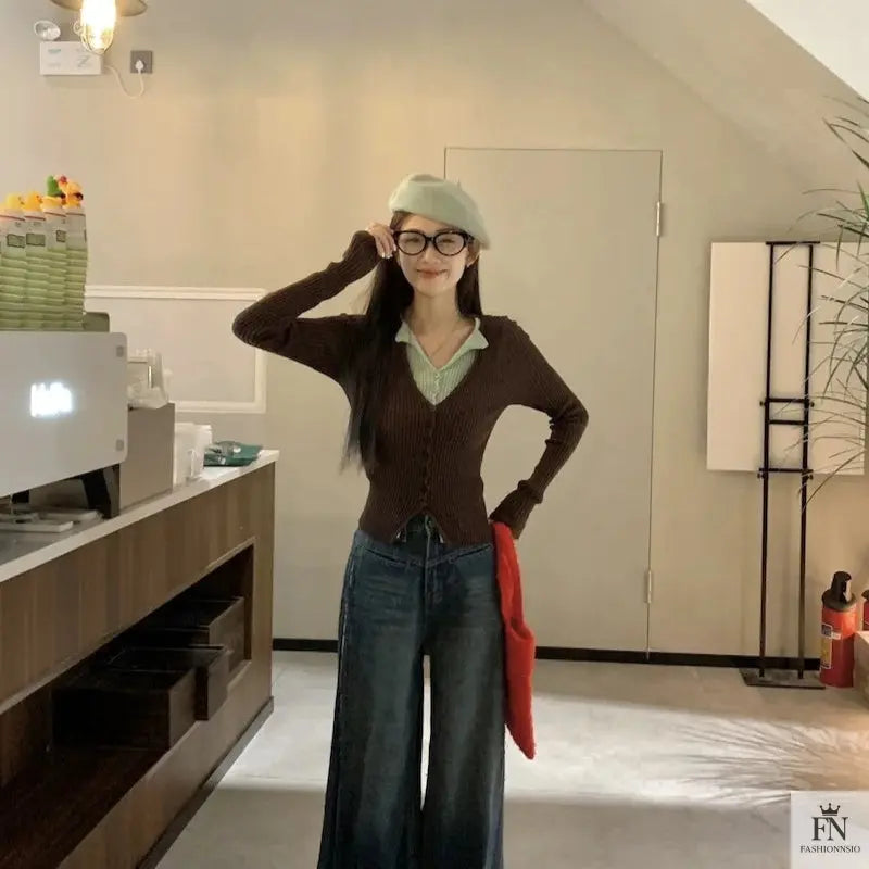 Fake Two Piece Button Ribbed Top - Fashionnsio