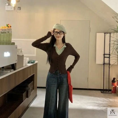 Fake Two Piece Button Ribbed Top - Fashionnsio