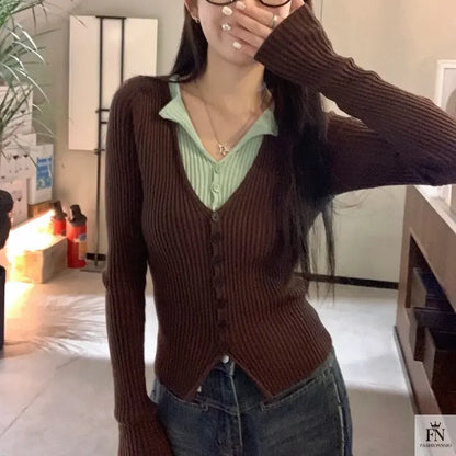 Fake Two Piece Button Ribbed Top - Fashionnsio