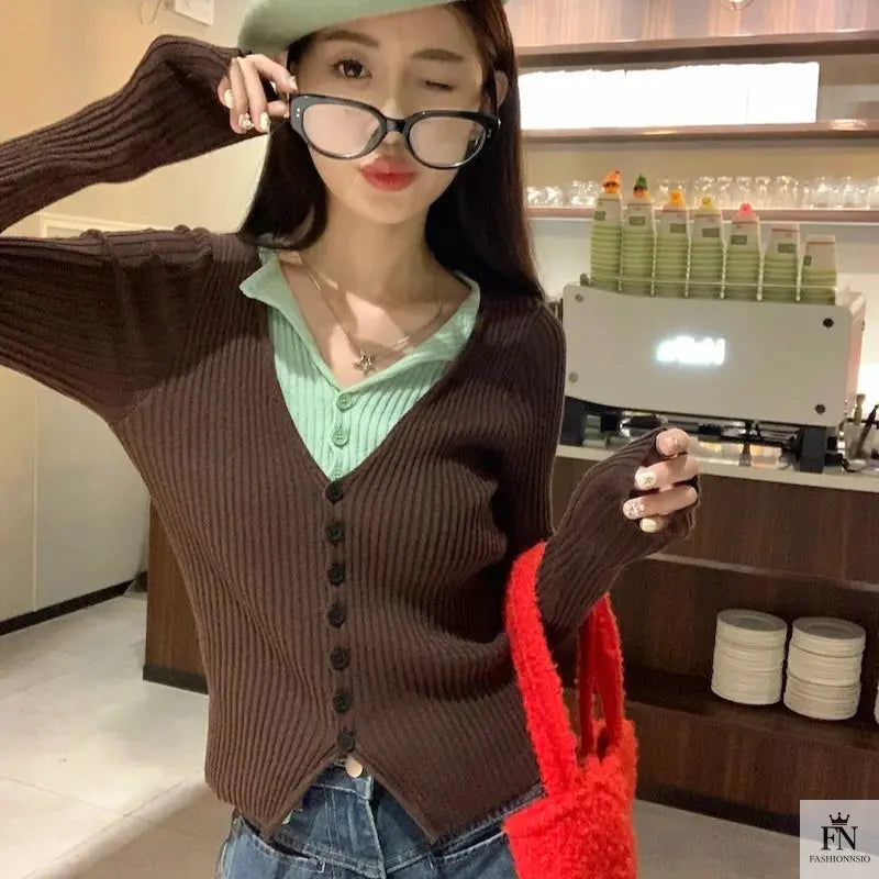 Fake Two Piece Button Ribbed Top - Fashionnsio