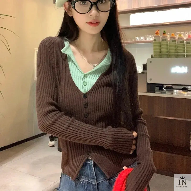 Fake Two Piece Button Ribbed Top - Fashionnsio