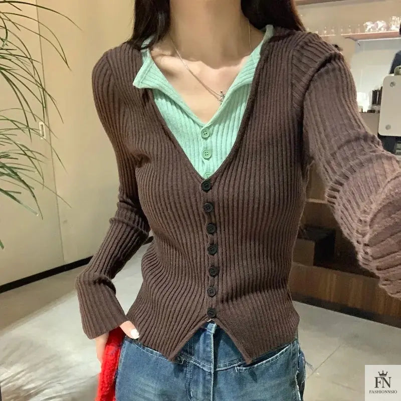 Fake Two Piece Button Ribbed Top - Fashionnsio