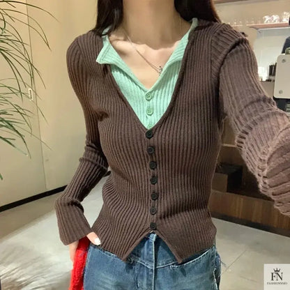 Fake Two Piece Button Ribbed Top - Fashionnsio