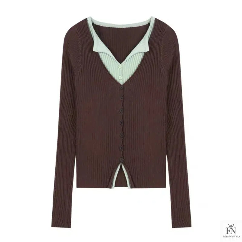 Fake Two Piece Button Ribbed Top - Fashionnsio
