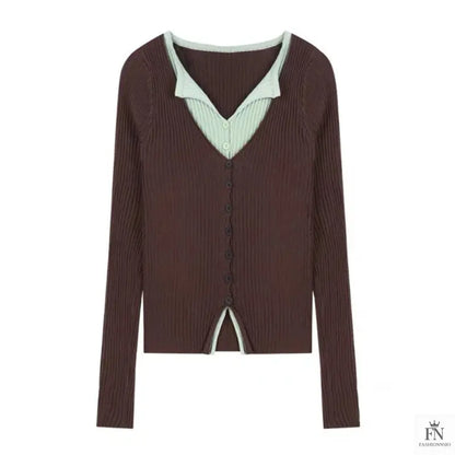 Fake Two Piece Button Ribbed Top - Fashionnsio