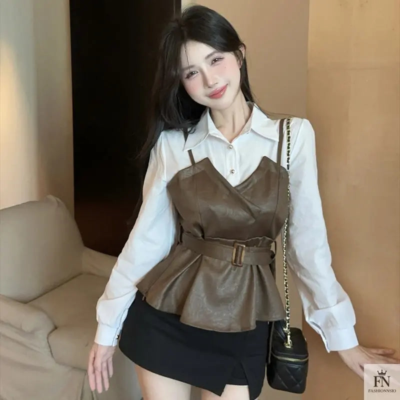 Fake Two-piece Belt Shirt Top - Fashionnsio
