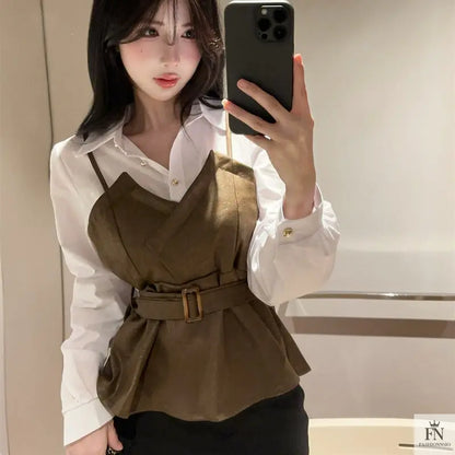 Fake Two-piece Belt Shirt Top - Fashionnsio