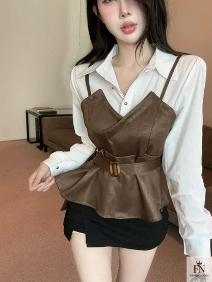 Fake Two-piece Belt Shirt Top - Fashionnsio