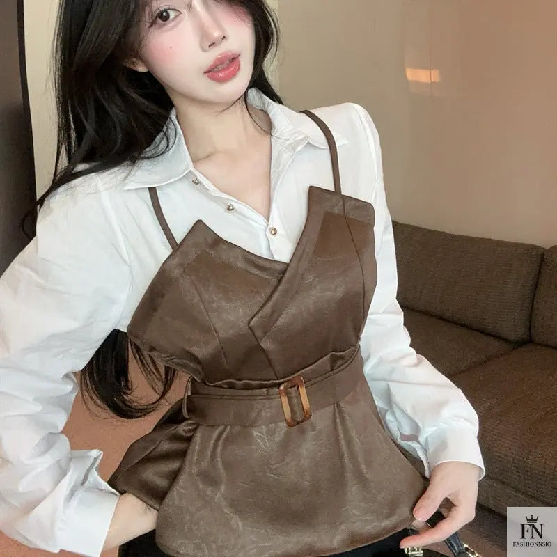 Fake Two-piece Belt Shirt Top - Fashionnsio