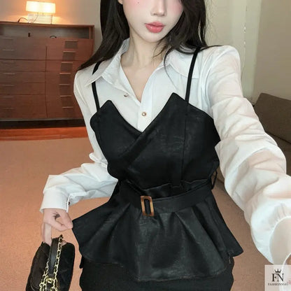 Fake Two-piece Belt Shirt Top - Fashionnsio